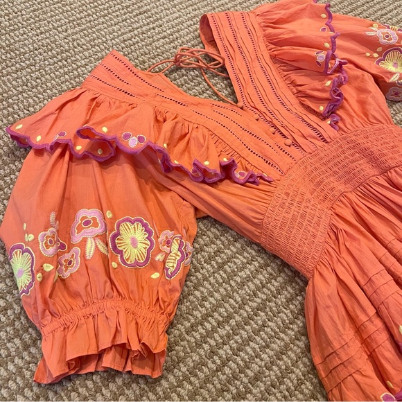 Alivia Perla Coral Smocked Waist Embroidered Floral Dress Medium - Picture 3 of 9